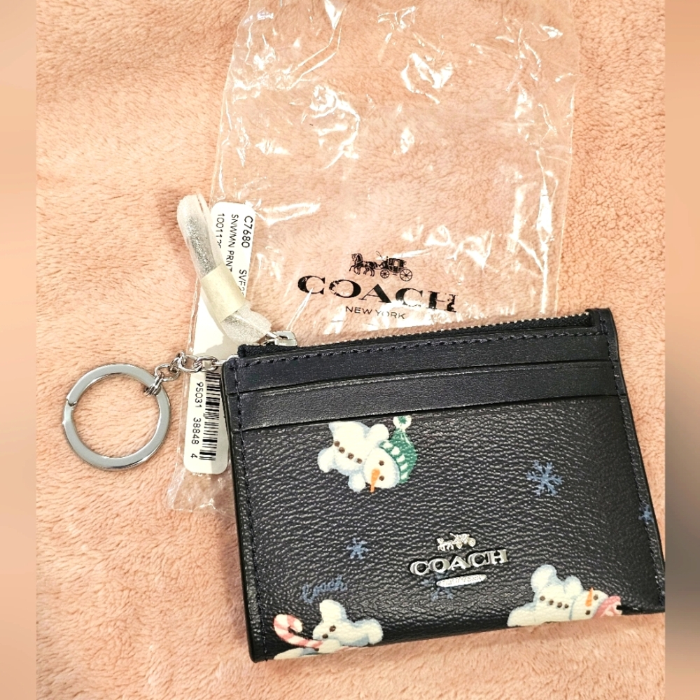 Unused Coach Midnight Card Holder with Snowman print